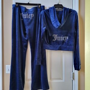Juicy Couture Velour Atlantis Blue  Tracksuit 2 Pc Set Hoodie & Pants Size L NWT